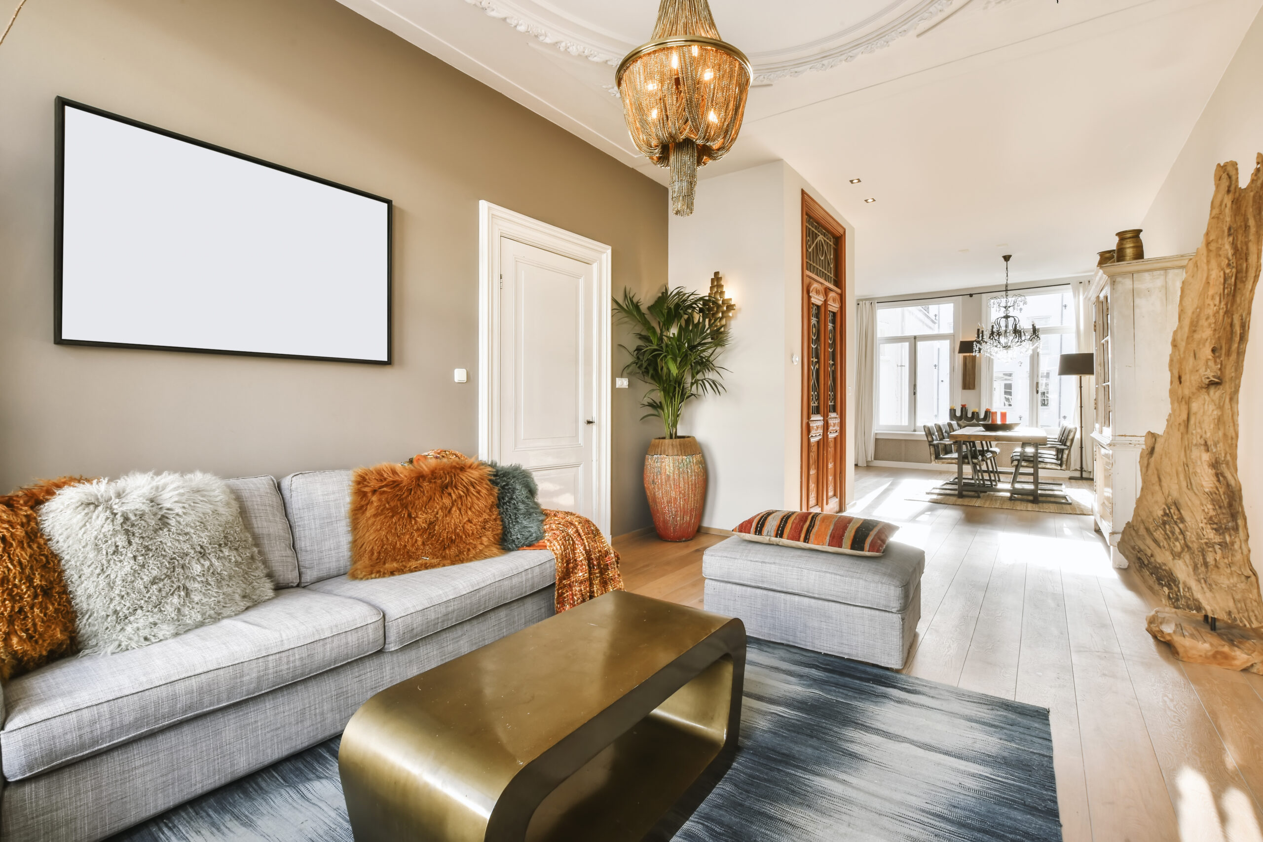 Comfortable living room with gray sofa