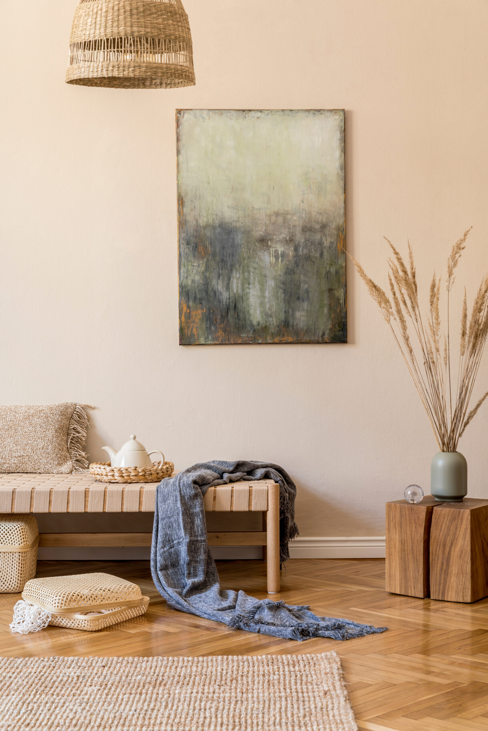 Modern composition of living room with design chaise longue, moc